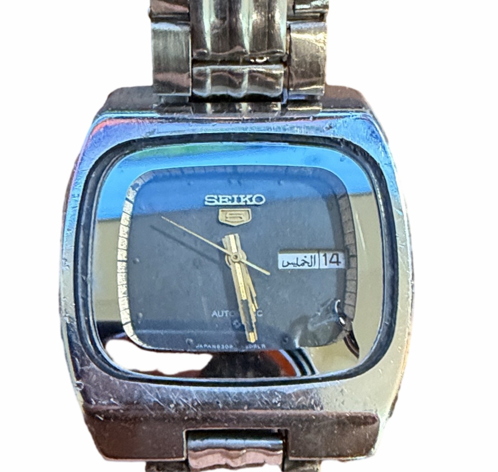 Seiko 5 Automatic Watch Tv Case Black Dial Day Date Arabic Japan Mens